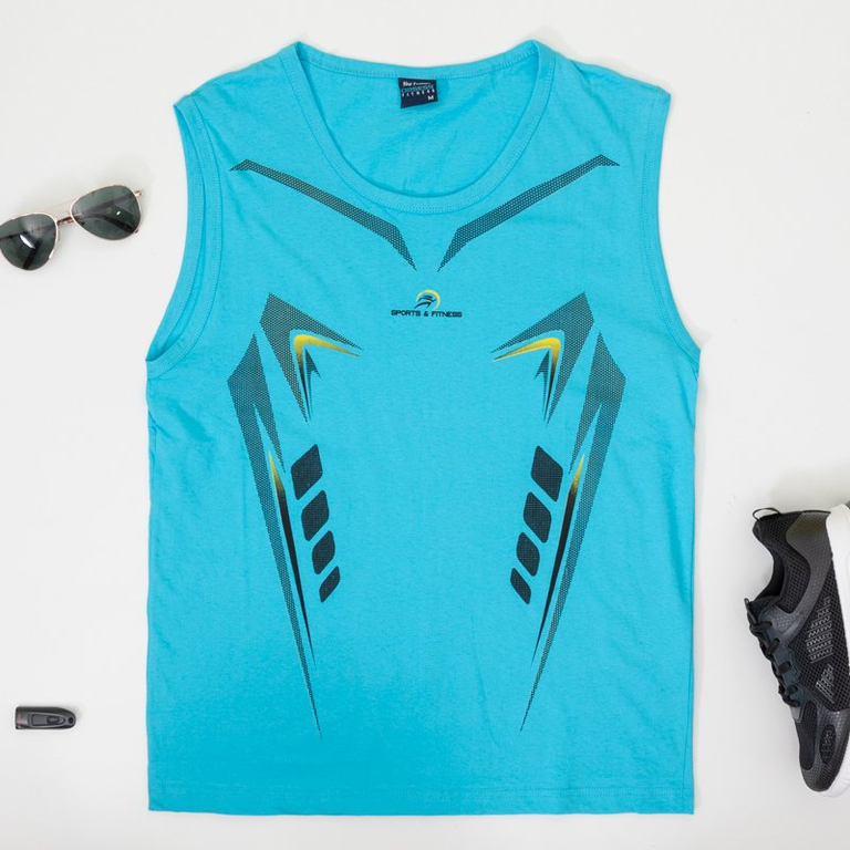 Šviesiai mėlynos medvilnės vyriški marškinėliai be rankovių-drabužiai