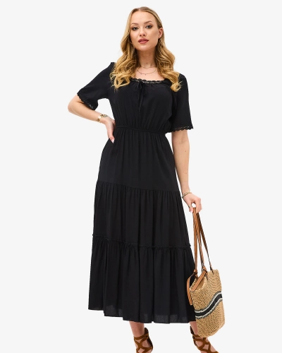 Черное длинное женское платье с короткими рукавами- Одежда