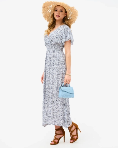 Цветочное серое женское платье с вырезом-конвертом - Одежда