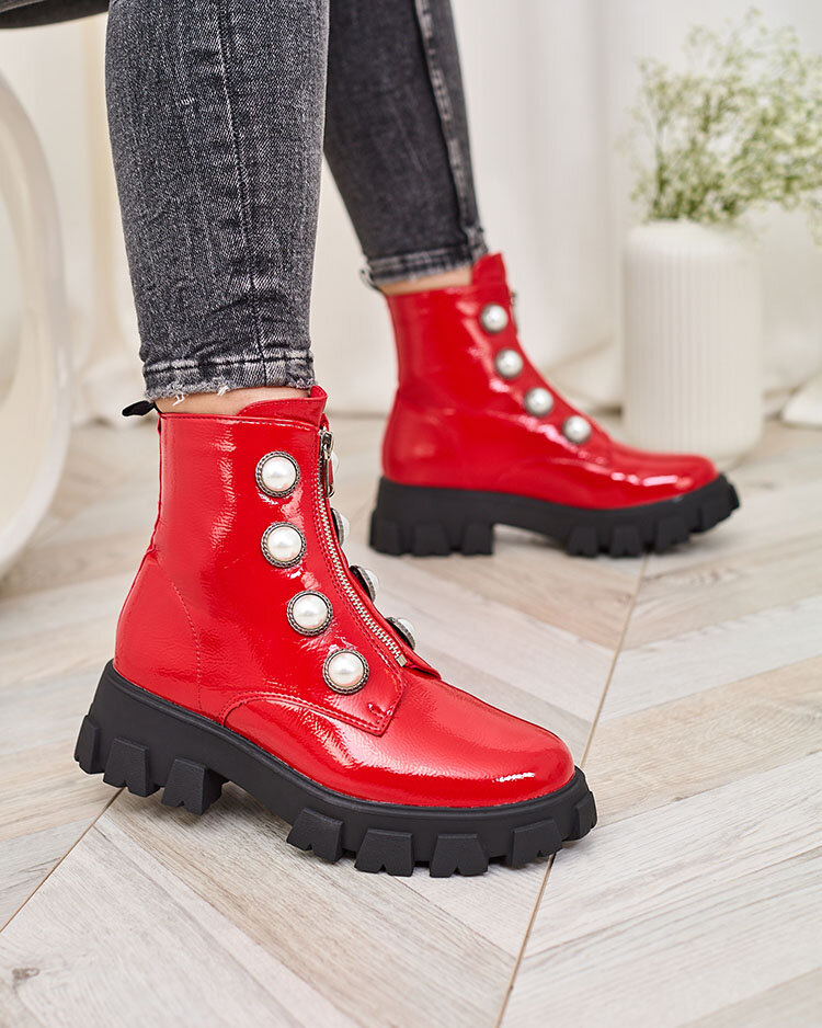 Royalfashion Raudoni lakuoti moteriški batai su perlais Asiciu