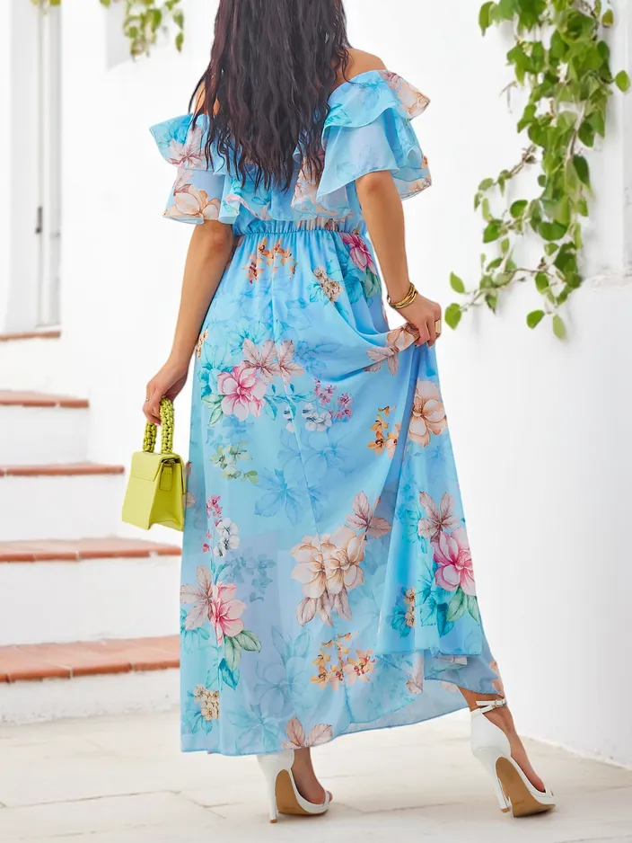 Royalfashion Moteriška su pečių suknelė su trumpomis rankovėmis įvairiais gėlių raštais