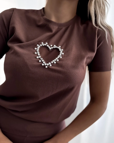 Royalfashion Темно-коричневый женский спортивный комплект с сердечками