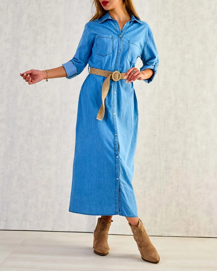 "Royalfashion" Moteriška medvilninė maksi suknelė a'la denim