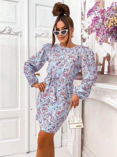Royalfashion Цветочное мини-платье для женщин с рукавами-пуфф и поясом