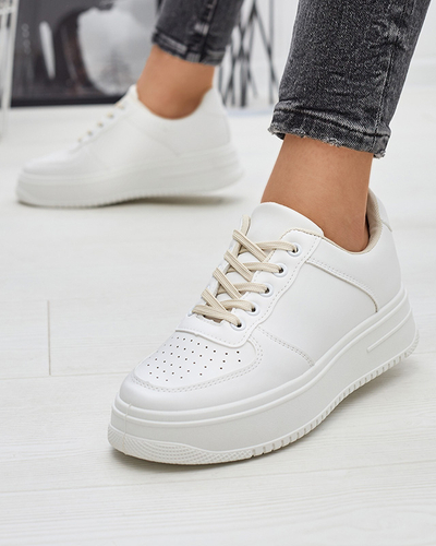 Balti moteriški sportiniai bateliai su smėlio spalvos raišteliais Smaffo- Footwear