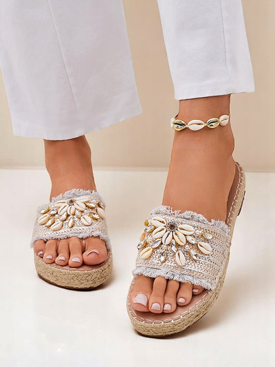 Женские сандалии Perseida Royalfashion серебряные с ракушками на плоской подошве