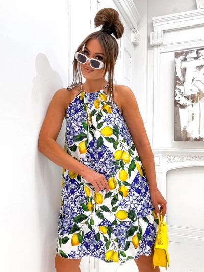 Royalfashion Женское мини-платье на бретелях-спагетти с завязками на талии и модным принтом лимонов