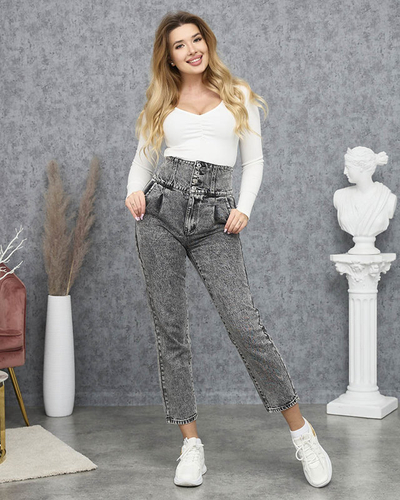 Серые женские джинсы с высокой талией для мамы - Одежда