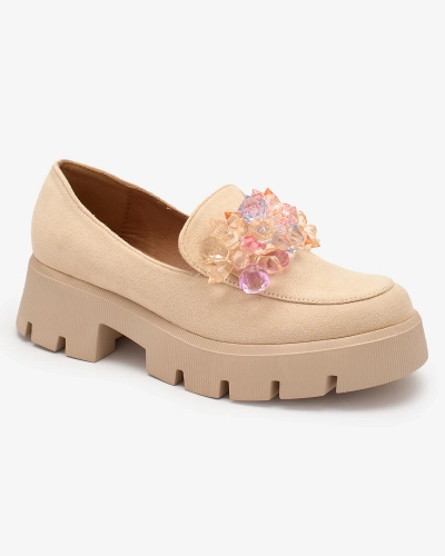 Royalfashion Smėlio spalvos moteriški mokasinai su spalvotais kristalais Crystal Glam