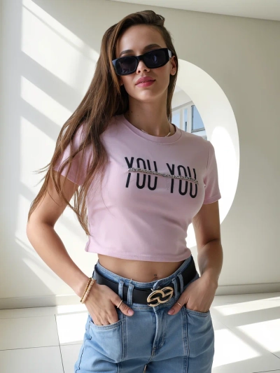 Royalfashion moterų medvilninis trumpas viršus su įrašu