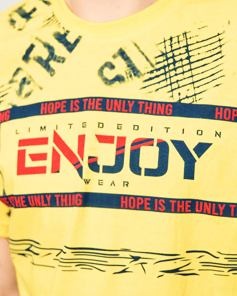 Vyriški geltoni marškinėliai su užrašu ENJOY- Clothing