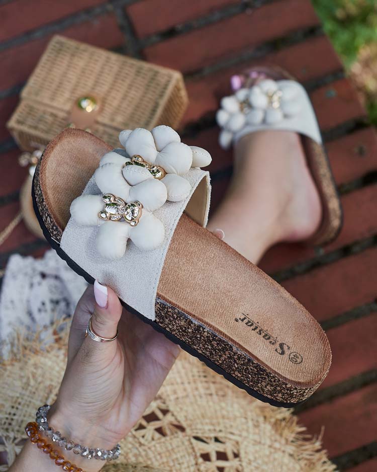 "Royalfashion" Moteriškos šlepetės su auksiniais meškiukais ir gėlėmis "Isaralle"