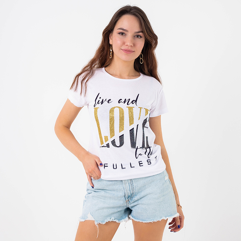 Balti moteriški marškinėliai su užrašais dekoruoti blizgučiais ir kubiniu cirkoniu - Drabužiai