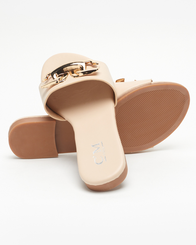 Smėlio spalvos moteriškos eko odos šlepetės su auksiniu ornamentu Simore - Avalynė