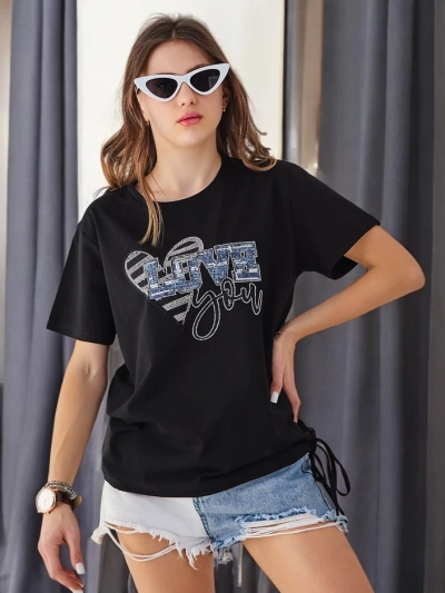 Royalfashion Moteriškas medvilninis marškinėliai LOVE su deimantais