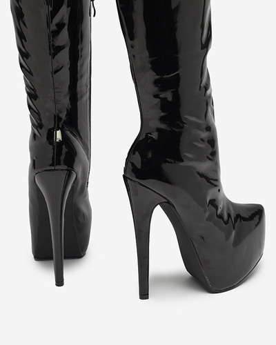 Женские лакированные сапоги выше колена черного цвета Leccie- Footwear