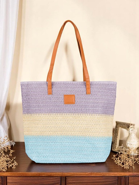 Royalfashion Didelė šiaudinė moteriška rankinė su ryškiomis plačiomis juostomis