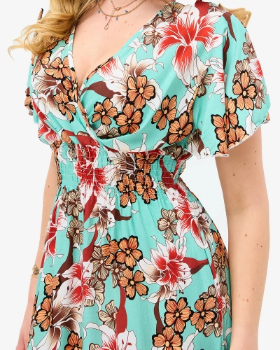 Женское платье-миди мятного цвета с цветочным узором - Одежда