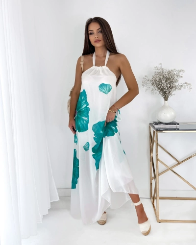 Белое женское платье-миди с темно-зелеными цветами - Одежда