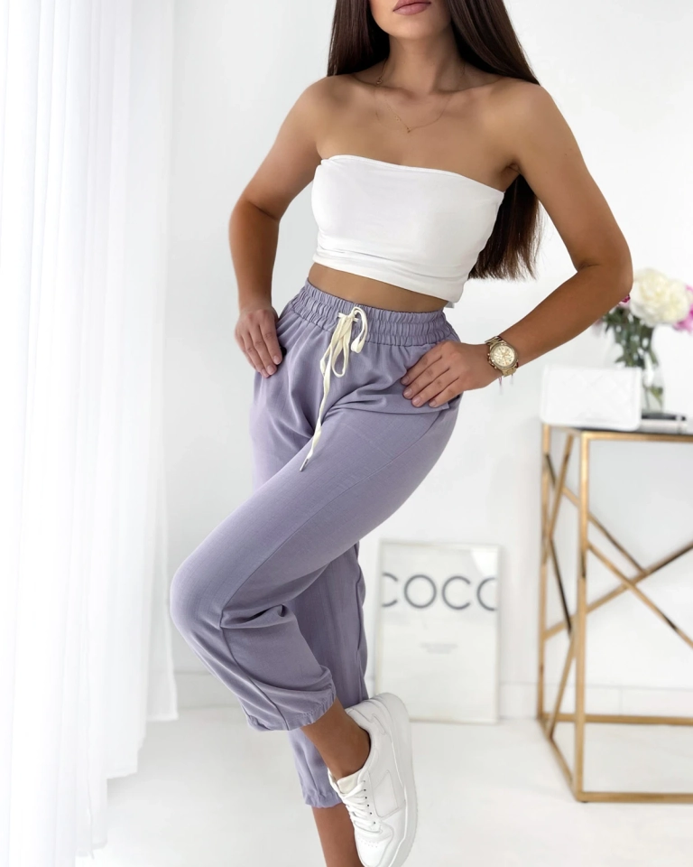 "Royalfashion" Violetinės moteriškos medžiaginės kelnės 7/8