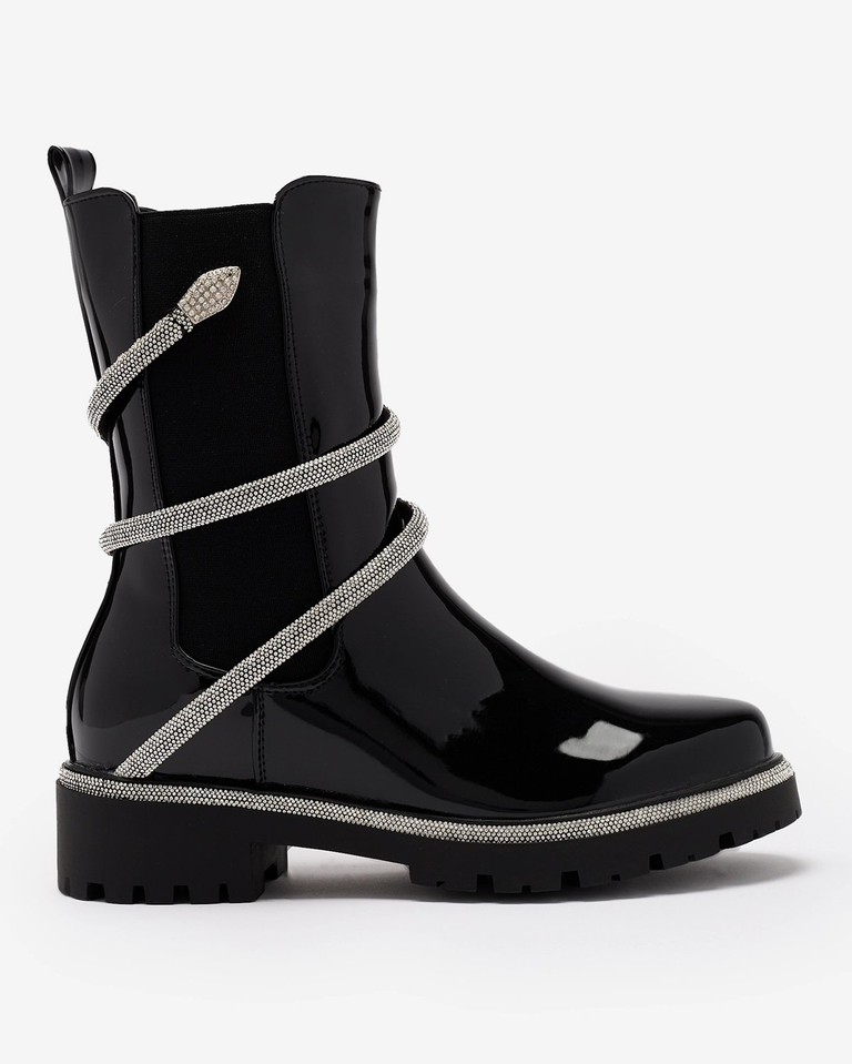 Royalfashion Juodi moteriški lakuoti batai su madingais papuošimais Frosty Glam