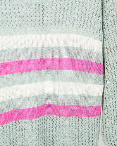 Зеленый ажурный женский свитер в полоску