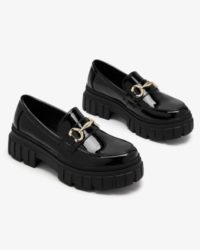 Moteriški juodi lakuoti mokasinai tvirtu padu Fenika - Avalynė