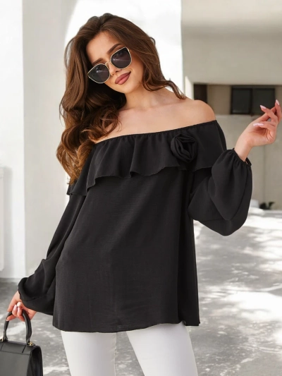 Royalfashion moterims off-the-shoulder bluzoną su volanu ir gėle