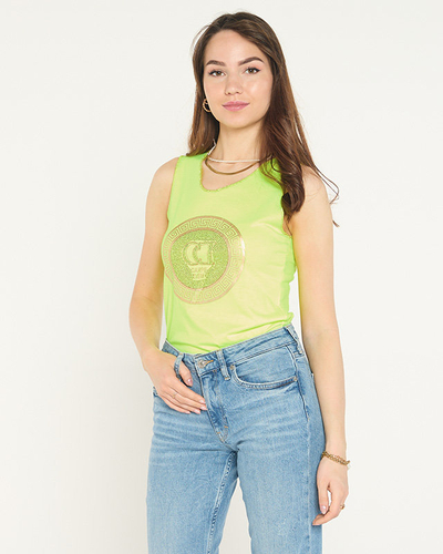 Неоновый желтый топ на бретелях с принтом и цирконами
