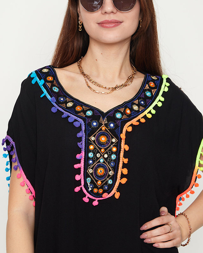 Женская летняя пляжная туника черного цвета с бахромой - Одежда