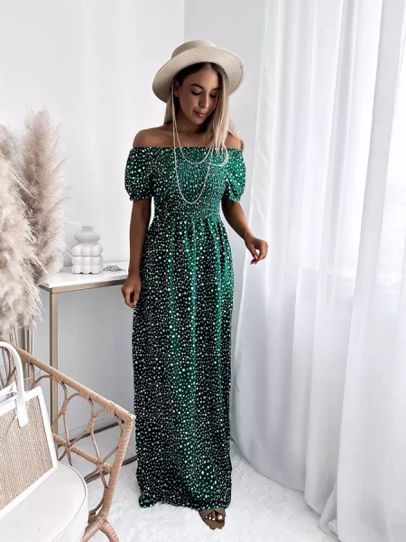 Зеленое женское платье-макси в горошек- Одежда