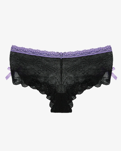 Черные женские кружевные трусы-бра с фиолетовыми бантиками - Нижнее белье