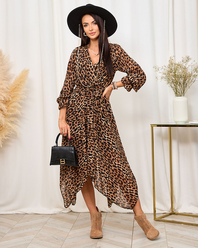 Royalfasion Коричневое женское длинное платье с модным принтом