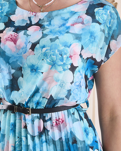 Turkio spalvos gėlėta pilkšva moteriška midi suknelė Apranga