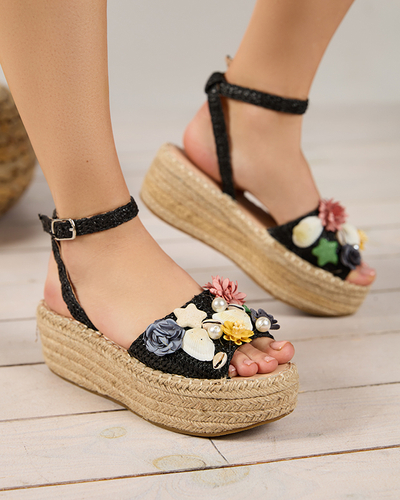 Босоножки женские черные а-ля эспадрильи с декоративным верхом Soramis - Обувь
