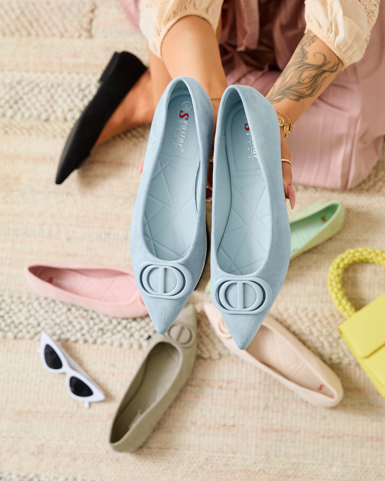 Royalfashion Mėlyni moteriški balerinai smailėjančia nosele su puošmena ant nosies Tidita