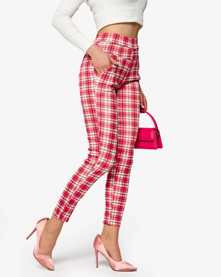 Rožinės spalvos languotos moteriškos tegins kelnės- Drabužiai