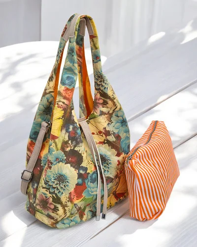 Royalfashion Didelis audinio maišas su gėlėmis, su kosmetine ir magnetiniu uždarymu