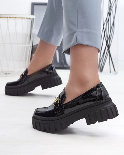 Moteriški juodi lakuoti mokasinai tvirtu padu Ferika - Avalynė