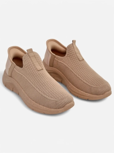 Selene Beige Slip-On Sneakers – Comfy Flat-Heeled Kicks for Ladies