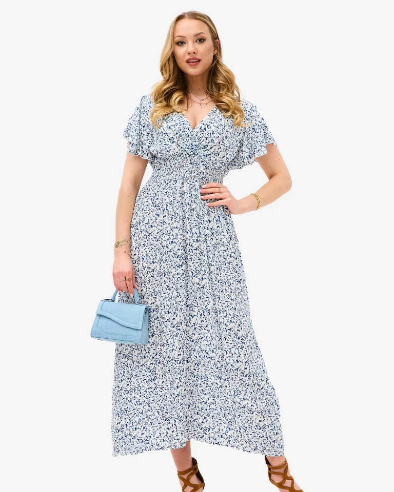 Белое женское цветочное платье с вырезом-конвертом - Одежда