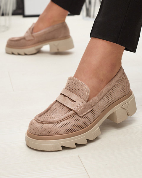 Šviesiai rudi moteriški ažūriniai mokasinai tvirtu padu Ejina - Avalynė