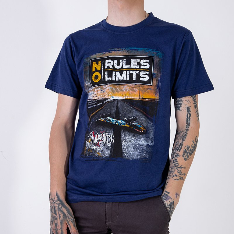 Vyriški tamsiai mėlyni medvilniniai marškinėliai su įspaudu-Drabužiai