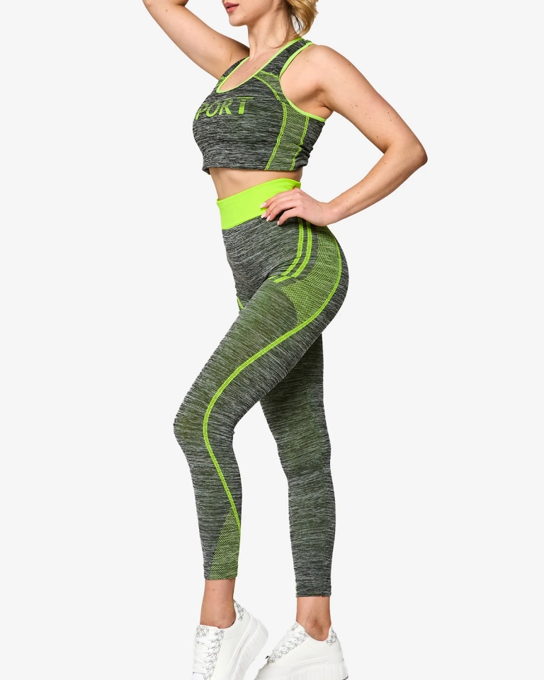 Серый женский спортивный комплект с неоново-желтыми вставками - Одежда