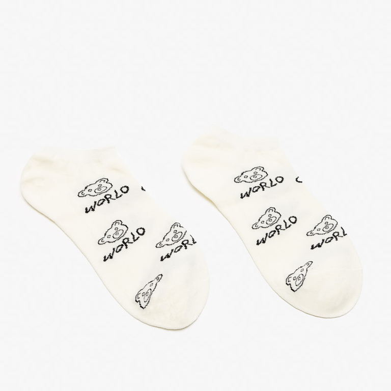 Kreminės spalvos moteriškos kulkšnies kojinės su užrašais ir meškiuko motyvu - Apatiniai drabužiai