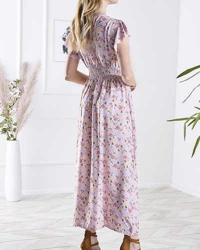 Розовое женское платье-миди с цветочным узором - Одежда