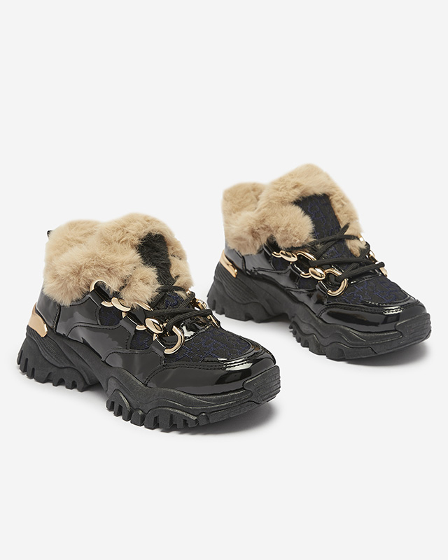 Спортивные лакированные черные женские кроссовки с мехом Axili- Footwear