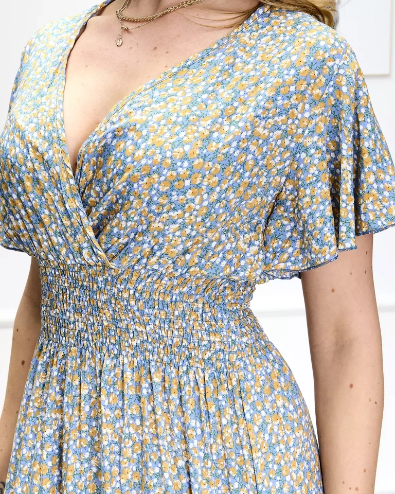 Mėlyna moteriška ilga suknelė su gėlių raštu - Apranga