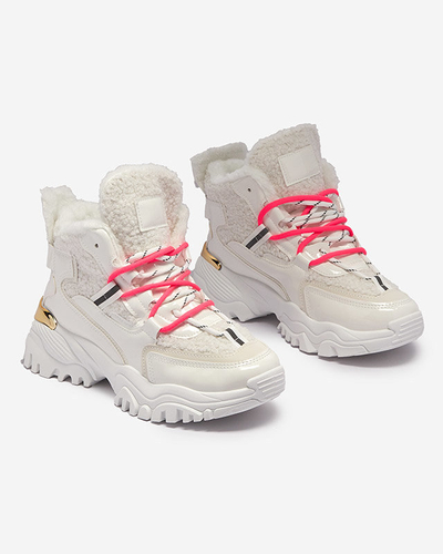 Белые женские спортивные кроссовки с мехом и неоново-розовыми шнурками Sagglo- Footwear