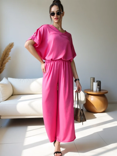 Royalfashion Женский Casual комплект из блузки с коротким рукавом и широких брюк